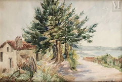 Marie- Clothilde GALLIEN-BERTHON (1870 - 1959)-Maison au bord de lac-img1