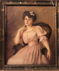Albert PENOYEE  (Actif au début du XX ème siècle)-Portrait de femme à la fleur rose-img1