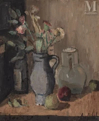 Ossip LUBITCH (Grodno 1896-Paris 1990)-Nature morte au bouquet et à la bouteille-img1