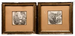 Ecole FRANCAISE du XIX ème, Pont, Paysage, paire de dessins au crayon ou mine de plomb. 10 x 10 cm.--img1