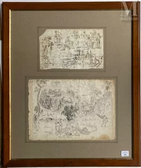 Louis-Nicolas Van BLARENBERGHE (Lille 1716 - Fontainebleau 1794)-Un montage comprenant deux dessins : paysage et études de personnages-img1