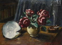 Germaine CASSE (1881-1967)-Bouquet de roses rouges au coquillage et cigarette fumante, 1935-img1