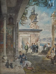 Auguste BORGET (Issodun 1808 - Bourges 1877)-Fidèles en prière dans le grand temple de Macao-img1