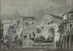 Auguste BORGET (Issodun 1808 - Bourges 1877)-Vue animée du canal de Hunan à Canton-img1