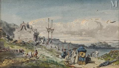 Auguste BORGET (Issodun 1808 - Bourges 1877)-Le repos des porteurs devant la baie de Macao-img1