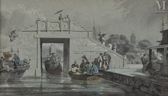 Auguste BORGET (Issodun 1808 - Bourges 1877)-Vue animée d’un pont dans un village près de Canton-img1