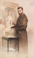 Paul STECK (Troyes 1866- Paris 1926)-Portrait of Henri Gervex painting Venus and Love-img1