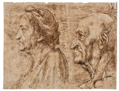 École de Giuseppe de RIBERA  (Xativa 1591 – 1652 Naples)-Feuille d’études avec deux têtes tournées vers la gauche-img1
