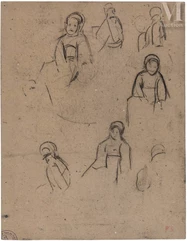 Paul SERUSIER (Paris 1864 – Morlaix 1927)-Feuille d’études recto-verso : petite bretonne assise, reprises de différentes positions-img1