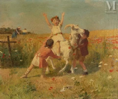 Victor GILBERT (Paris 1847 - 1933)-Children playing with biquette-img1