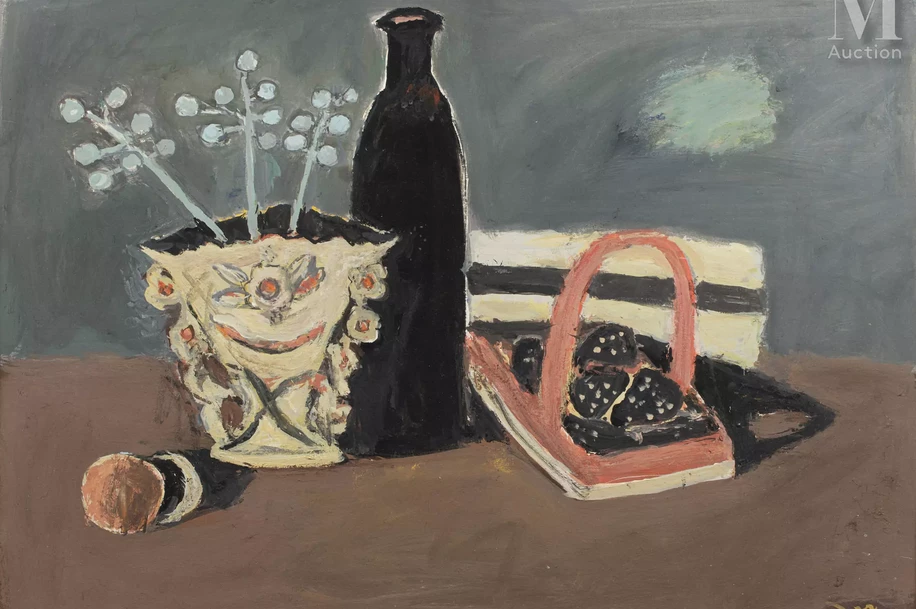 Henri HAYDEN (Varsovie 1883 - Paris 1970)-Nature morte à la bouteille et au vase-img1