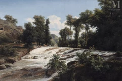 Edouard HOSTEIN  (Plehedel 1804 - Paris 1889)-Paysage à la chute d'eau en Ardèche-img1