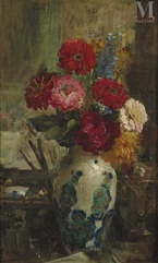 Antoine CALBET (Engayrac 1860 - Paris 1944)-Bouquet de fleurs, zinnias et dalhias.-img1
