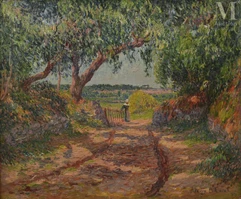 Henry MORET (Cherbourg 1856 - Paris 1913)-Bretonne à la haie, chemin creux à Riec, Finistère, 1899-img1