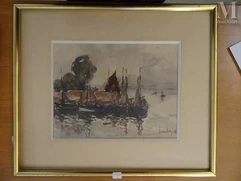 Fernand HERBO (Orchies 1905 - Honfleur 1995)-Voiliers à quai-img1