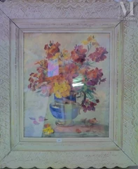 Ysabel MINOGGIO- ROUSSE (Argenteuil 1865-?)-Bouquet de giroflées dans un vase bleu-img1