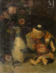 Paul-Charles CHOCARNE-MOREAU  (Dijon 1855- Neuilly sur Seine 1931)-Nature morte à la poupée japonaise et au hanneton-img1