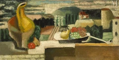 Roger BISSIERE  (Villereal 1886 - Boussierette 1964)-Cruche, fruits et pipe sur un mur, village, circa 1918-img1