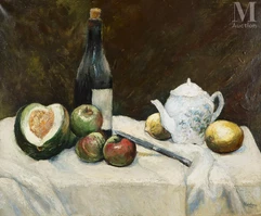 Abraham WEINBAUM (Kamenez- Podolski 1880 - mort en déportation en 1943)-Nature morte aux fruits et à la bouteille-img1