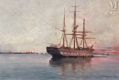 Attribué à Eugène DESHAYES  (1828 - 1890)-Marine au soleil couchant-img1