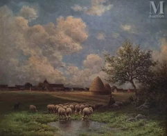 Paul CHAIGNEAU (1879 - 1938)-Moutons près de l'étang et meules de foin-img1
