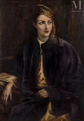 Emile BERNARD  (Lille 1868 - Paris 1941)-Portrait de femme à la toque jaune et au manteau violet-img1