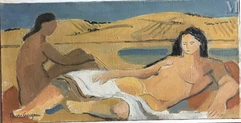 Thora CREUZEAU (Née en 1928)-Deux femmes sur la plage-img1