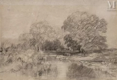 Théodore ROUSSEAU (Paris 1812- Barbizon 1867)-Paysage à la mare-img1