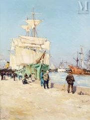 Jacques Marie OMER CAMOREYT (Né en 1871- ?)-Grand voilier près des quais animés-img1