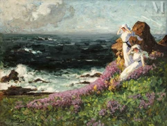 Pierre Eugène MONTEZIN (Paris 1874 - Moëllan 1946)-Elégantes sur la pointe de Bihit, Bretagne-img1