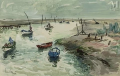 Fernand HERBO (Orchies 1905 - Honfleur 1995)-Barques sur un bras de mer-img1