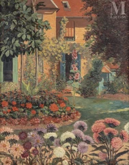 Attribué à Adolphe ALBERT (1853 - 1932)-Le jardin aux reines  marguerites et aux roses tremières-img1