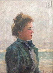 Ernest DESURMONT  (Tourcoing 1870 - 1930)-Portrait de femme de profil devant la mer-img1