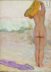 Octave Denis Victor GUILLONNET  (Paris 1872 - Montgeron 1967)-Le modèle à la plage, Anita-img1