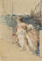 Antoine CALBET  (Engayrac 1860 - Paris 1944)-Jeune femme en costume, sur le quai-img1