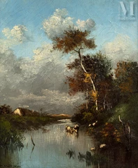 Jules DUPRE (Nantes 1811 - L'Isle Adam 1889)-Vaches s'abreuvant au bord de la rivière-img1