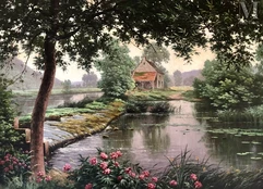 René Charles Edmond HIS  (Colombes 1877 - 1960)-Bords de rivière fleuris  et  moulin-img1