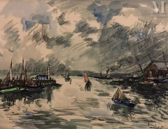 Fernand HERBO (Orchies 1905 - Honfleur 1995)-Entrée du port d'Honfleur-img1