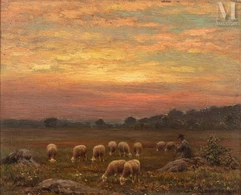 Paul CHAIGNEAU (Barbizon 1879 - Paris 1938)-Berger et ses moutons au soleil couchant-img1