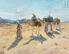 Victor HUGUET  (1835 -  1902)-Scène orientaliste - Caravane-img1