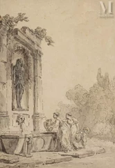 Hubert ROBERT (Paris 1733 - 1808)-Personnages près d’une fontaine surmontée d’une statue égyptienne-img1