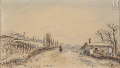 Johan Barthold JONGKIND (Lattrop 1819 – Sainte Égrève 1891)-Promeneur dans un paysage d’hiver-img1
