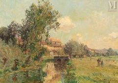 Edmond PETITJEAN (Neufchâteau 1844-Paris 1925)-Village devant la rivière-img1