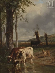 Constant TROYON (Sèvres 1810 - Paris 1865)-Vaches s'abreuvant-img1