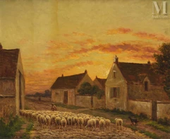 Paul CHAIGNEAU (1879-1938)-Le troupeau sur les pavés de Chailly près de Barbizon-img1