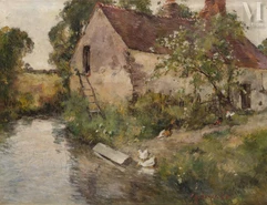 Fréderic EDE (1865-1943)-Arbre en fleurs dans la basse cour-img1