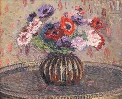 Henri MARTIN (Toulouse 1860 - La Bastide du Vert 1943)-Anémones dans un vase Dalpayrat sur une table bouillotte-img1