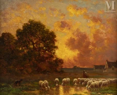 Paul CHAIGNEAU (Barbizon 1879 - Paris 1938)-Berger et ses moutons, soleil couchant sur Barbizon-img1