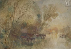 Albert LEBOURG (Montfort-sur-Risle 1849 - Rouen 1928)-Vaches s'abreuvant, effet de lumière-img1