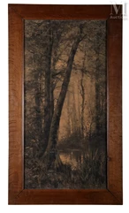 Auguste ALLONGÉ (1833-1898), Sous-bois, fusain signée. 108 x 54 cm. (trace d'humidité, pliure)--img1